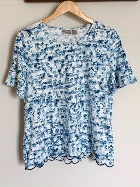 Chico’s Blue Tropical Scalloped Hem Short Sleeve Top Tee 100% Cotton 2 Large